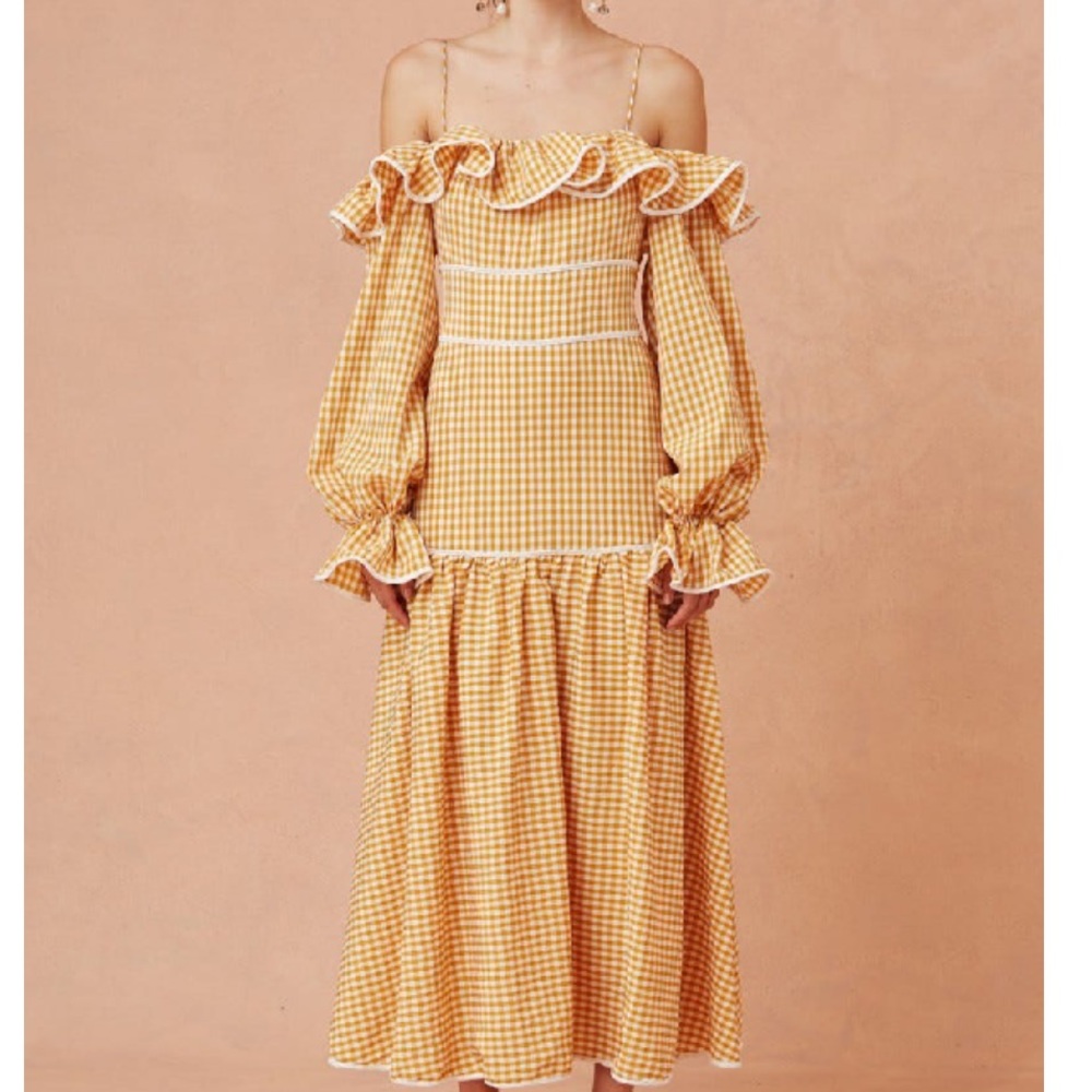 NWT KEEPSAKE Shallows Midi Dress In Marigold Check